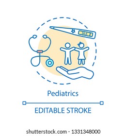 Pediatrics concept icon. Infants, children, adolescents medical care idea thin line illustration. Pediatric medicine vector isolated outline drawing. Child therapy, disease control. Editable stroke
