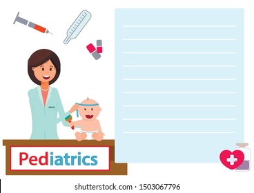 Pediatrics Flat Cartoon Banner Vector Illustration. Pediatrician Examining Baby Boy and Measuring Head. Happy Smiling Child with Toy. Consultation at Hospital. Treatment with Thermometer, Pills.