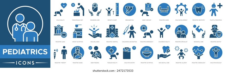 Pediatrics icon. Child Health, Pediatrician Visit, Newborn Care, Growth Chart, Immunization, Baby Checkup, Pediatric Ward, Child Development and Pediatric Dentistry