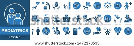 Pediatrics icon. Child Health, Pediatrician Visit, Newborn Care, Growth Chart, Immunization, Baby Checkup, Pediatric Ward, Child Development and Pediatric Dentistry