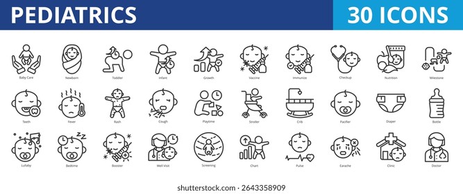 Pediatrics icon pack collection set for kids and baby care. With immunization, grow, care, check, newborn, toddler, infant, vaccine, checkup, nutrition, milestone, teeth, fever, screening, doctor