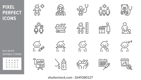 Conjunto de ícones de linha de pediatria. Ilustração vetorial inclui ícone - incubadora, amamentação, estetoscópio, cólica, massagem, catapora, pictograma de contorno de erupção cutânea para o cuidado de bebês. Perfeito 64x64 pixels, traçado editável.