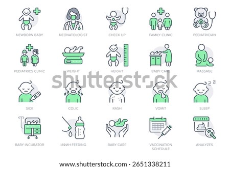 Pediatrics line icon set. Vector illustration include icon - incubator, breastfeed, stethoscope, colic, massage, chickenpox, rash outline pictogram for baby care. Green Color, Editable Stroke.