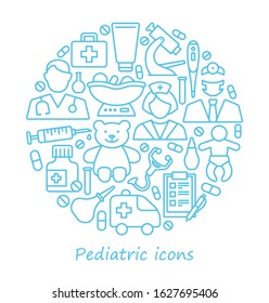 Pediatrics, medical care for children. Line icons in the form of a circle
