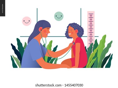 Pediatrics - medical insurance -modern flat vector concept digital illustration - female pediatrician carrying out the auscultation of a little girl with a stethoscope, medical office or laboratory