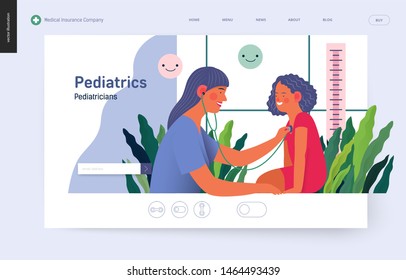 Pediatrics - medical insurance -modern flat vector concept digital illustration - female pediatrician carrying out the auscultation of a little girl with a stethoscope, medical office or laboratory