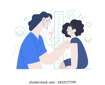 Pediatrics - medical insurance -modern flat vector concept digital illustration - female pediatrician carrying out the auscultation of a little girl with a stethoscope, medical office or laboratory