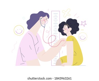 Pediatrics - medical insurance -modern flat vector concept digital illustration - female pediatrician carrying out the auscultation of a little girl with a stethoscope, medical office or laboratory