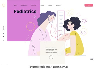 Pediatrics - medical insurance -modern flat vector concept digital illustration - female pediatrician carrying out the auscultation of a little girl with a stethoscope, medical office or laboratory