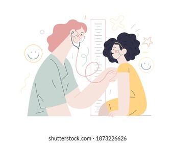 Pediatrics - medical insurance -modern flat vector concept digital illustration - female pediatrician carrying out the auscultation of a little girl with a stethoscope, medical office or laboratory