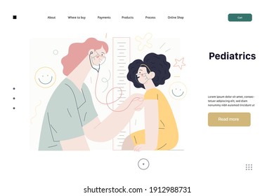 Pediatrics - medical insurance -modern flat vector concept digital illustration - female pediatrician carrying out the auscultation of a little girl with a stethoscope, medical office or laboratory