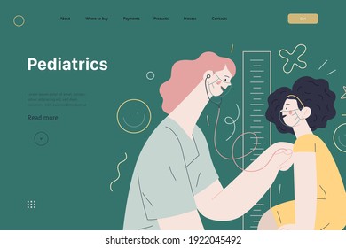 Pediatrics - medical insurance -modern flat vector concept digital illustration - female pediatrician carrying out the auscultation of a little girl with a stethoscope, medical office or laboratory