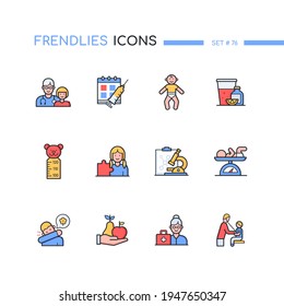 Pediatrics - modern line design style icons set. Children health and development idea. Colorful images of a pediatrician, vaccination. Medical exam, weighing, height, eating, allergy, neonatology