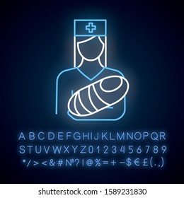 Pediatrics neon light icon. Nurse with baby. Doctor carrying infant. Childcare. Premature newborn. Medical procedures. Glowing sign with alphabet, numbers and symbols. Vector isolated illustration