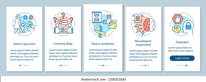 Pediatrics onboarding mobile app page screen, linear concepts. Children's nursing service walkthrough steps graphic instructions. Kids disorders home care. UX, UI, GUI vector template, illustrations