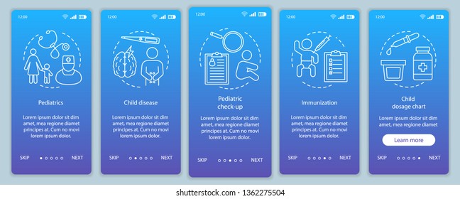 Pediatrics onboarding mobile app page screen vector template. Child disease, immunization, dosage chart. Walkthrough website steps with linear illustrations. UX, UI, GUI smartphone interface concept