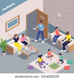 Pediatrics pediatrician isometric composition with indoor interior scenery and parents waiting for doctors appointment with children vector illustration