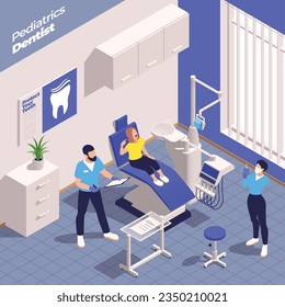 Pediatrics pediatrician isometric composition with indoor view of dentists office with child on dental operation chair vector illustration