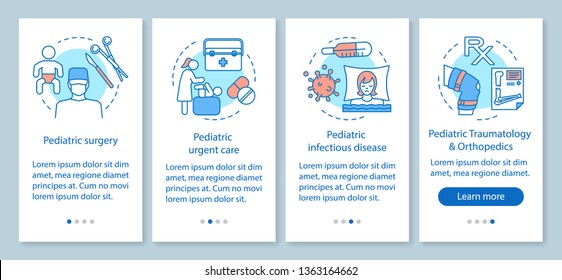 Pediatrics services onboarding mobile app page screen with linear concepts. Urgent care, infectious disease, traumatology walkthrough steps graphic instructions. UX, UI, GUI vector template with icons