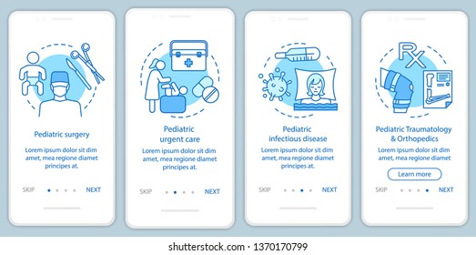 Pediatrics services onboarding mobile app page screen with linear concepts. Surgery, infectious disease, orthopedics walkthrough steps graphic instructions. UX, UI, GUI vector template with icons