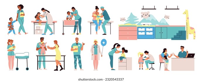 Pediatrics set with friendly pediatricians examining babies and children flat isolated vector illustration