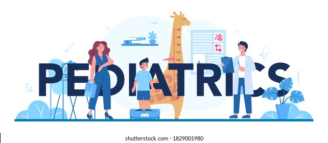 Pediatrics typographic header. Doctor examining a child with stethoscope. Idea of health and medical treatment for kids. Flu treatment and vaccination. Isolated flat vector illustration