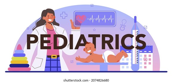 Pediatrics typographic header. Doctor examining a child with stethoscope. Medical treatment and care for kids. Flu treatment and vaccination. Isolated flat vector illustration