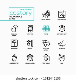 Pediatrics - vector line design style icons set. Children healthcare, development idea. Pediatrician, pedodontist and neonatology. Vaccination, medical exam, allergy, weighing, height, healthy eating