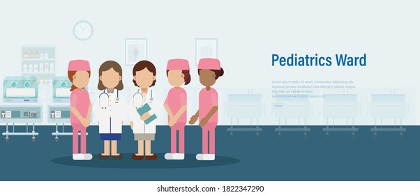 Cartel de la sala de pediatría con pediatras y personal médico ilustración vectorial de diseño plano