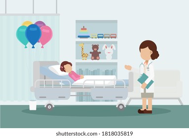 Pediatrics ward with doctor and patient flat design vector illustration