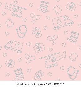 Pediatry Background Seamless Pattern, First Aid for Kids. Vector Doodle Illustration. Medicine Icons, Flat Style Illustration, Medical Seamless Background