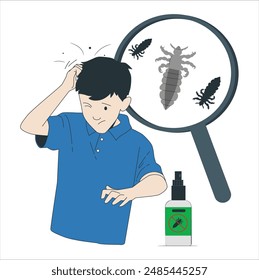 Pediculosis concept. Child with parasites, lice invasion. Hair louse infestation. boy itchy his hair or frustrated and angry kid isolated white background, problem Health concept. 2568