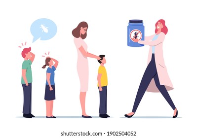 Pediculosis Concept. Pediatrician Female Doctor Character Check Up Children for Parasites Prevention in School. Little Kids Scratching Heads due to Lice Invasion. Cartoon People Vector Illustration