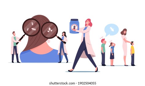 Pediculosis Disease Concept, Tiny Doctor Characters Searching Lice on Huge Female Head. Pediatrician Check Up Children for Prevention from Parasites in School. Cartoon People Vector Illustration