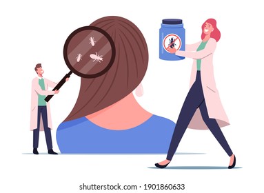 Pediculosis Disease, Hygiene Concept, Medic with Magnifier Presenting Louse. Tiny Doctor Characters Searching Lice on Huge Female Head, Medication and Treatment. Cartoon People Vector Illustration