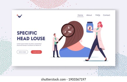 Pediculosis Disease, Treatment Hygiene Landing Page Template. Medic with Magnifier Presenting Louse. Tiny Doctor Characters Searching Lice on Huge Female Head. Cartoon People Vector Illustration