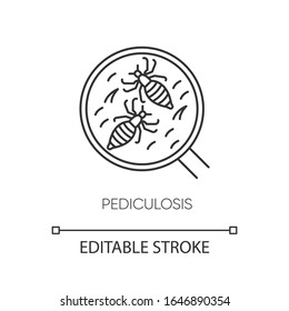 Pediculosis pixel perfect linear icon. Thin line customizable illustration. Contagious medical problem, epidemic disease, head lice contour symbol. Vector isolated outline drawing. Editable stroke