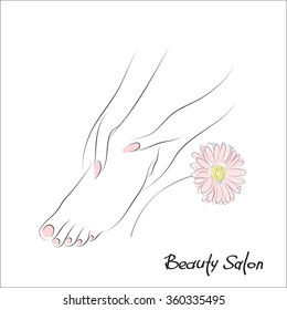 Pedicure banner with female feet and pink nails. Foot spa vector illustration. Body care, health and wellness concept