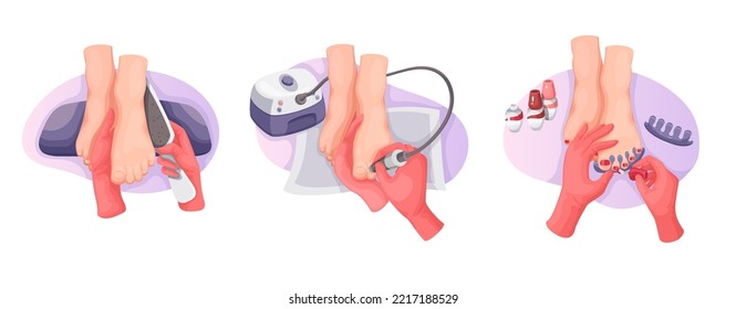 Imagen en salón de belleza, ilustración vectorial de la vista superior. Caricatura aislada manos del personal que aplican el removedor de cutícula, el archivo de uñas y el esmalte al pie de la niña, tratamiento de pedicura, cuidado cosmético de la piel