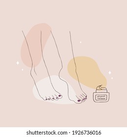 Pedicure concept. Elegant woman legs. Nail polish and nail file. Linear vector Illustration of female feet in a trendy minimalist style. Beauty logo for nail studio, beauty center or spa salon.