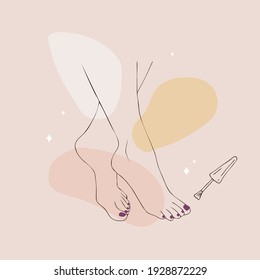 Pedicure concept. Elegant woman legs. Nail polish and nail file. Linear vector Illustration of female feet in a trendy minimalist style. Beauty logo for nail studio, beauty center or spa salon.