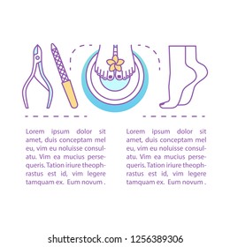 Pedicure concept linear illustration. Beauty salon. Nail salon. Article, brochure, magazine page layout. Foot care. Thin line icons with text boxes. Print design. Vector isolated outline drawing