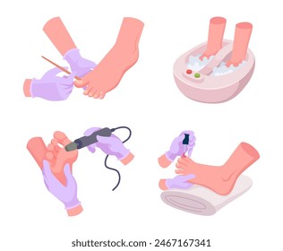 Pedicura. Salón cosmético para el cuidado de los pies Vector exacto tratamiento de pedicura dibujos animados conjunto