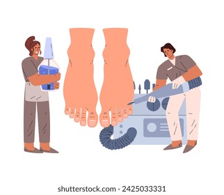 Pedicure design concept, vector illustration isolated on white background drawn in flat cartoon style. Beauty masters care for feet, files, baths, equipment and beauty tools. Design for beauty salon