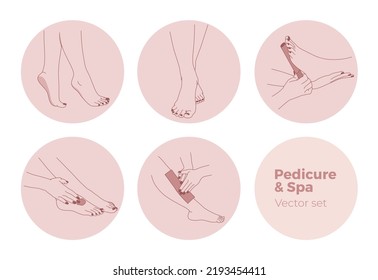 Pedicure design elements set. Female feet spa, salon, beauty and fashion icons.