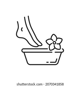 Pedicure, female feet in spa bowl with water and flower isolated outline icon. Vector woman legs massage, footcare cosmetics, barefoot lady and footbath, nails hygiene procedure. Foot treatment