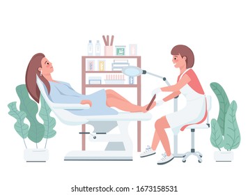 Pedicure flat color vector characters. Professional beautician applying nail polish. Female client getting cosmetic treatment. Spa service. Beauty salon procedure isolated cartoon illustration