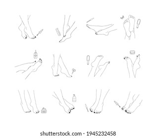 Pedicure icon. Nail polish and nail file. Vector Illustration of elegant female feet in a trendy minimalist style. Beauty logo for nail studio or spa salon.