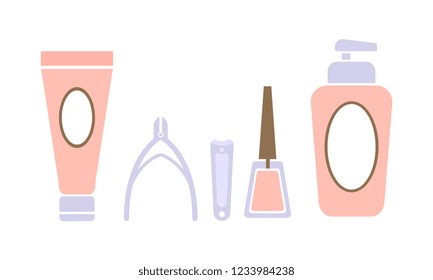 Pedicure icons set, pedicure accessory tools, design elements for nail studio, spa salon vector Illustration on a white background