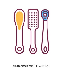 Pedicure instruments color line icon. Tools: foot file, scrubber, shaver hard skin remover. Feet care. Nail service. Beauty industry. Pictogram for web page. UI/UX/GUI design element. Editable stroke.